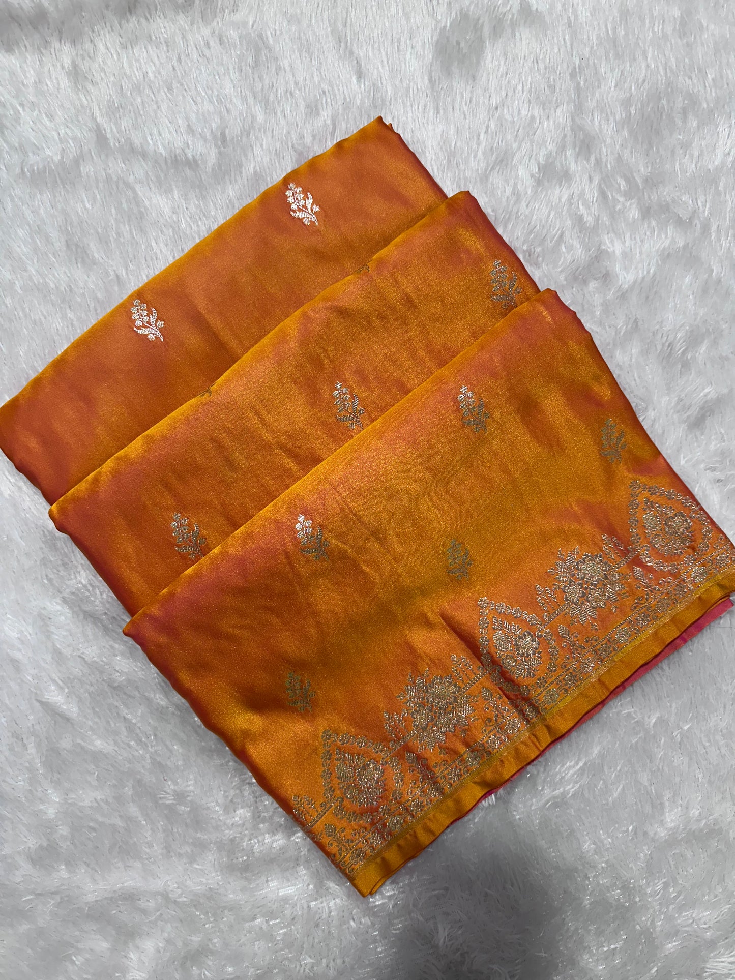 Mustard Yellow Katan Silk Banarasi Saree with Delicate Floral Arch Border and Full-Bloomed Rose Butis