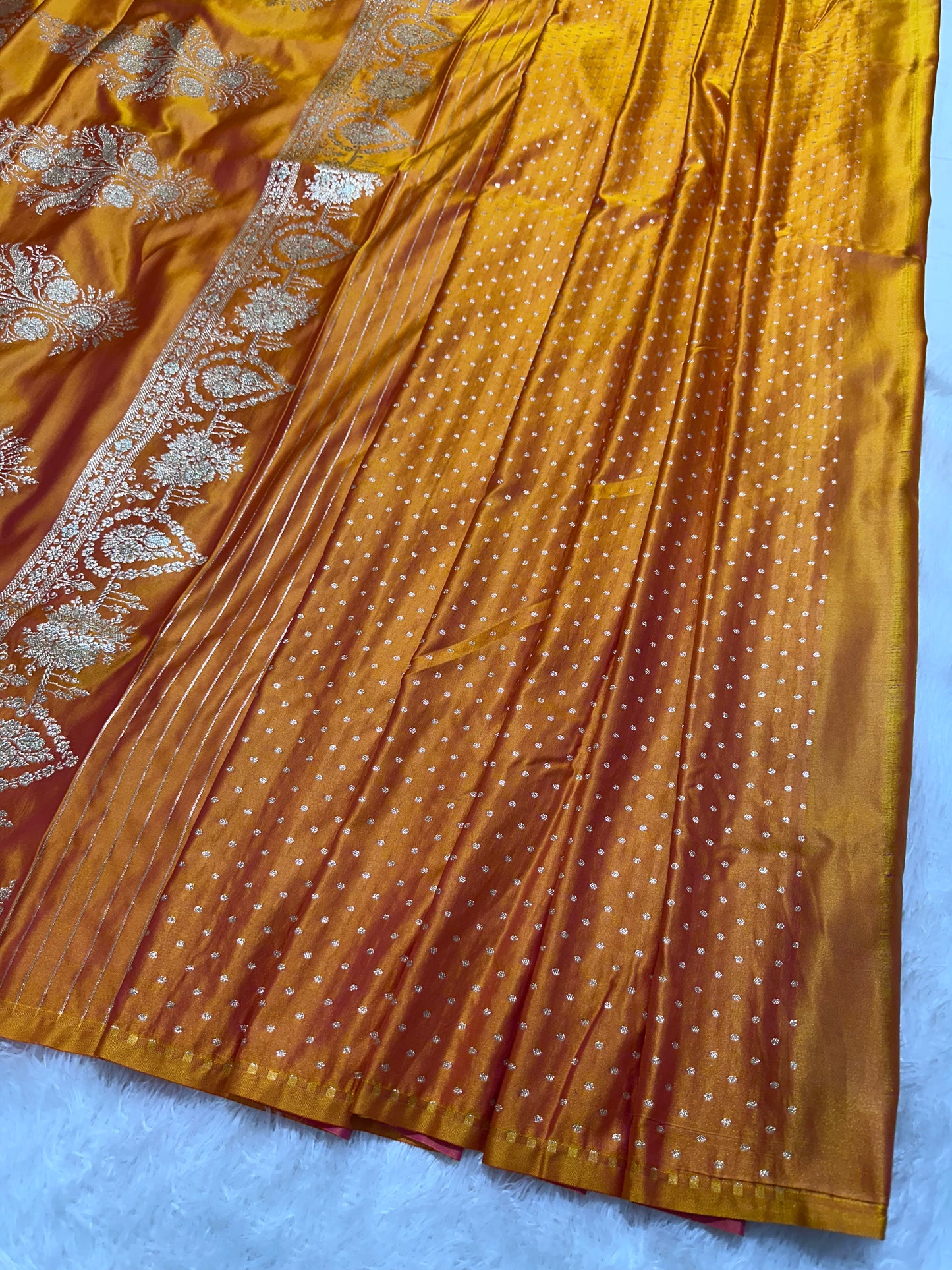 Mustard Yellow Katan Silk Banarasi Saree with Delicate Floral Arch Border and Full-Bloomed Rose Butis