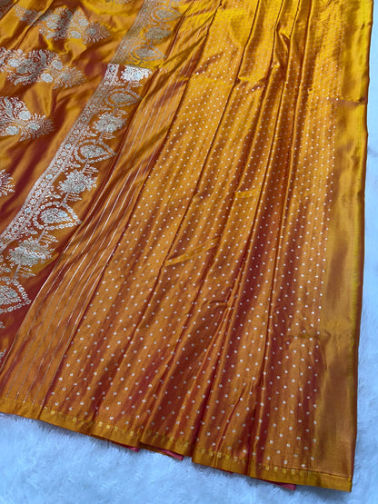 Mustard Yellow Katan Silk Banarasi Saree with Delicate Floral Arch Border and Full-Bloomed Rose Butis