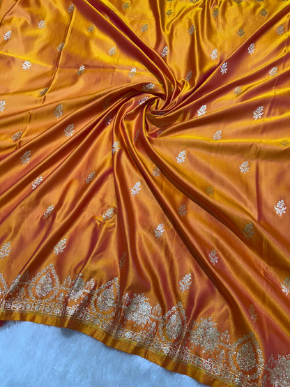Mustard Yellow Katan Silk Banarasi Saree with Delicate Floral Arch Border and Full-Bloomed Rose Butis