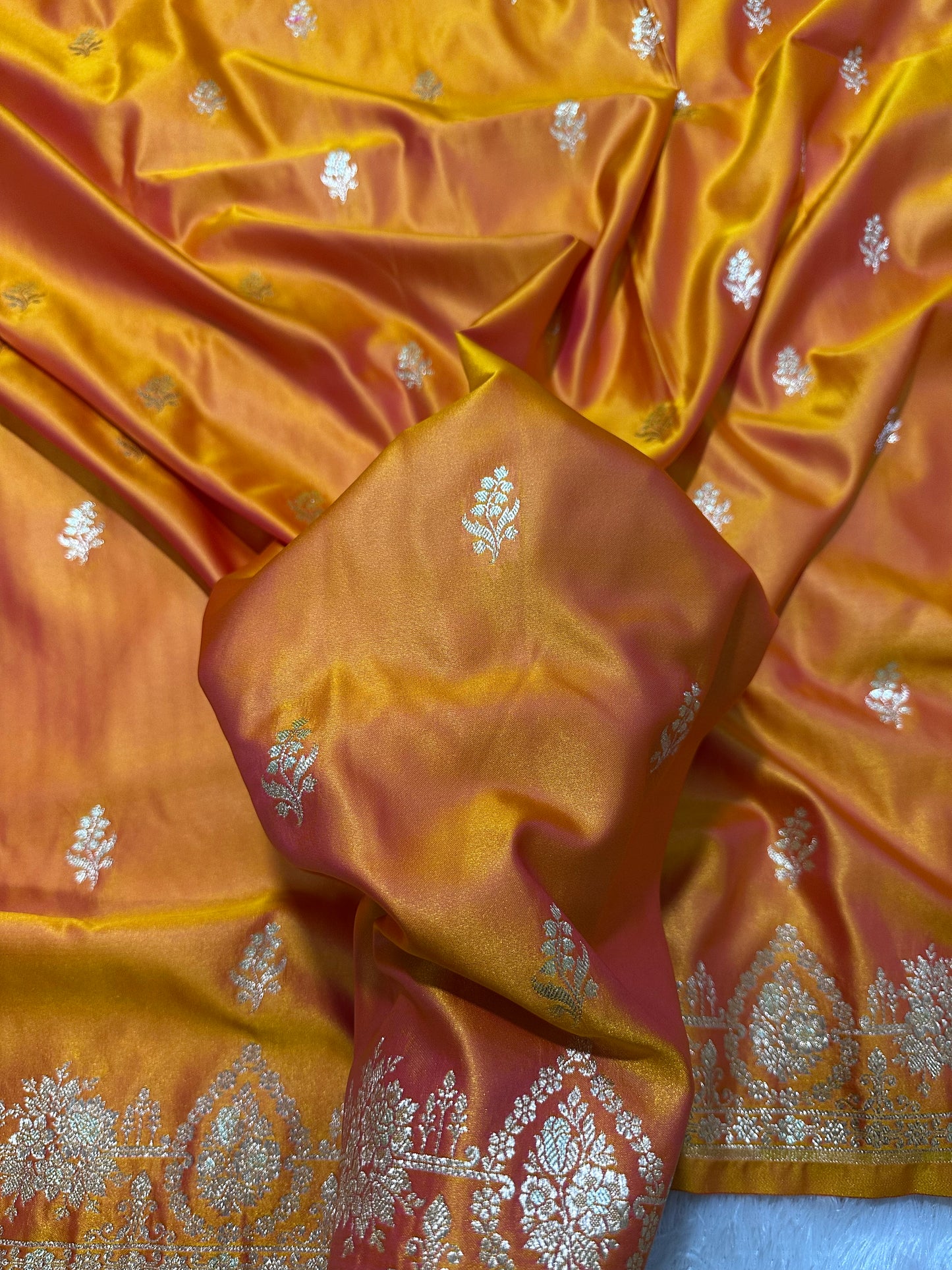 Mustard Yellow Katan Silk Banarasi Saree with Delicate Floral Arch Border and Full-Bloomed Rose Butis