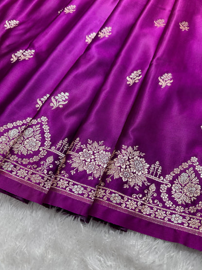 Elegant Purple Katan Silk Banarasi Saree with Delicate Floral Arch Border and Full-Bloomed Rose Butis