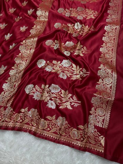 Elegant Maroon Katan Silk Banarasi Saree with Delicate Floral Arch Border and Traditional Bouquet Leaf Butis
