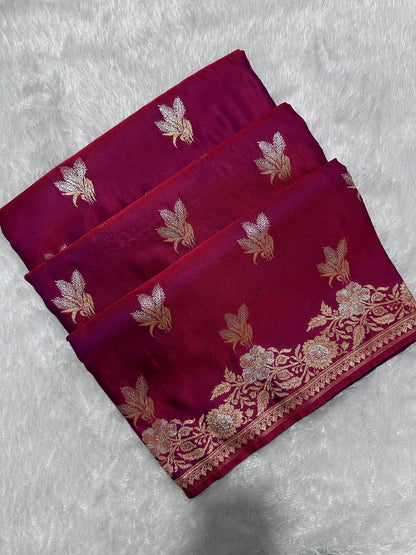Elegant Wine Purple Katan Silk Banarasi Saree with Delicate Floral Arch Border and Traditional Bouquet Leaf Butis