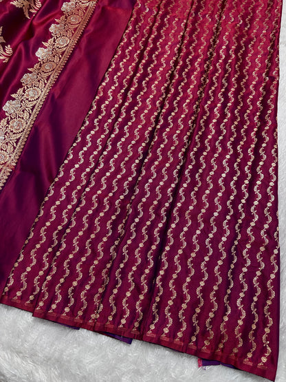 Elegant Wine Purple Katan Silk Banarasi Saree with Delicate Floral Arch Border and Traditional Bouquet Leaf Butis