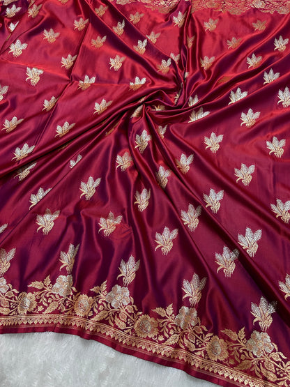 Elegant Wine Purple Katan Silk Banarasi Saree with Delicate Floral Arch Border and Traditional Bouquet Leaf Butis