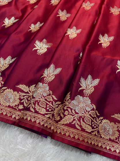 Elegant Wine Purple Katan Silk Banarasi Saree with Delicate Floral Arch Border and Traditional Bouquet Leaf Butis