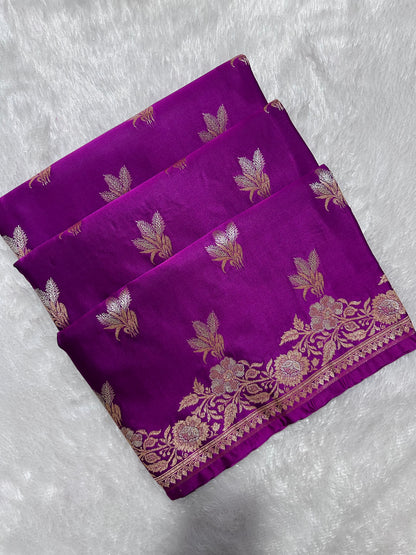 Elegant Magenta Purple Katan Silk Banarasi Saree with Delicate Floral Arch Border and Traditional Bouquet Leaf Butis
