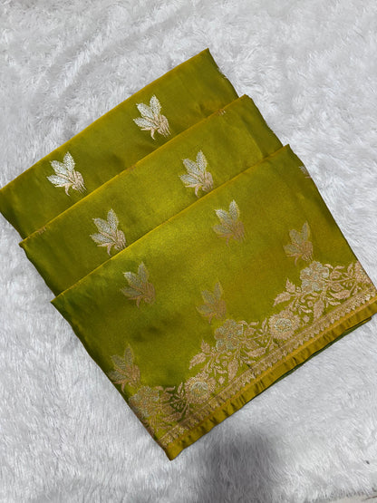 Elegant Olive Mehendi Green Katan Silk Banarasi Saree with Delicate Floral Arch Border and Traditional Bouquet Leaf Butis