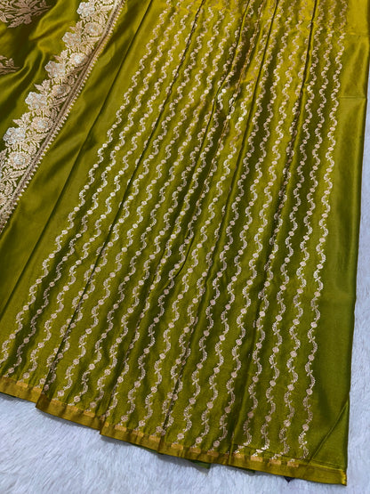 Elegant Olive Mehendi Green Katan Silk Banarasi Saree with Delicate Floral Arch Border and Traditional Bouquet Leaf Butis