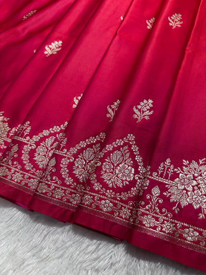 Ornate Rani Pink Katan Silk Banarasi Saree with Delicate Floral Arch Border and Full-Bloomed Rose Butis