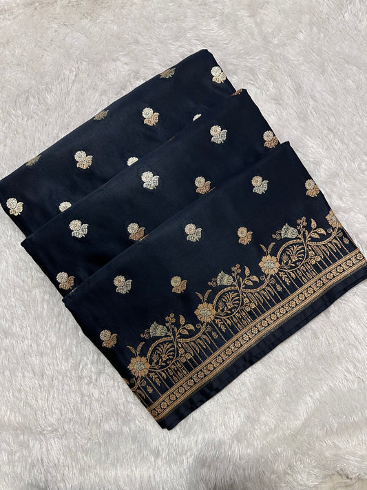 Elegant Jet Black Katan Silk Banarasi Saree with Delicate Floral Arch Border and Full-Bloomed Rose Butis
