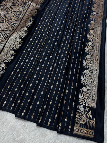 Elegant Jet Black Katan Silk Banarasi Saree with Delicate Floral Arch Border and Full-Bloomed Rose Butis
