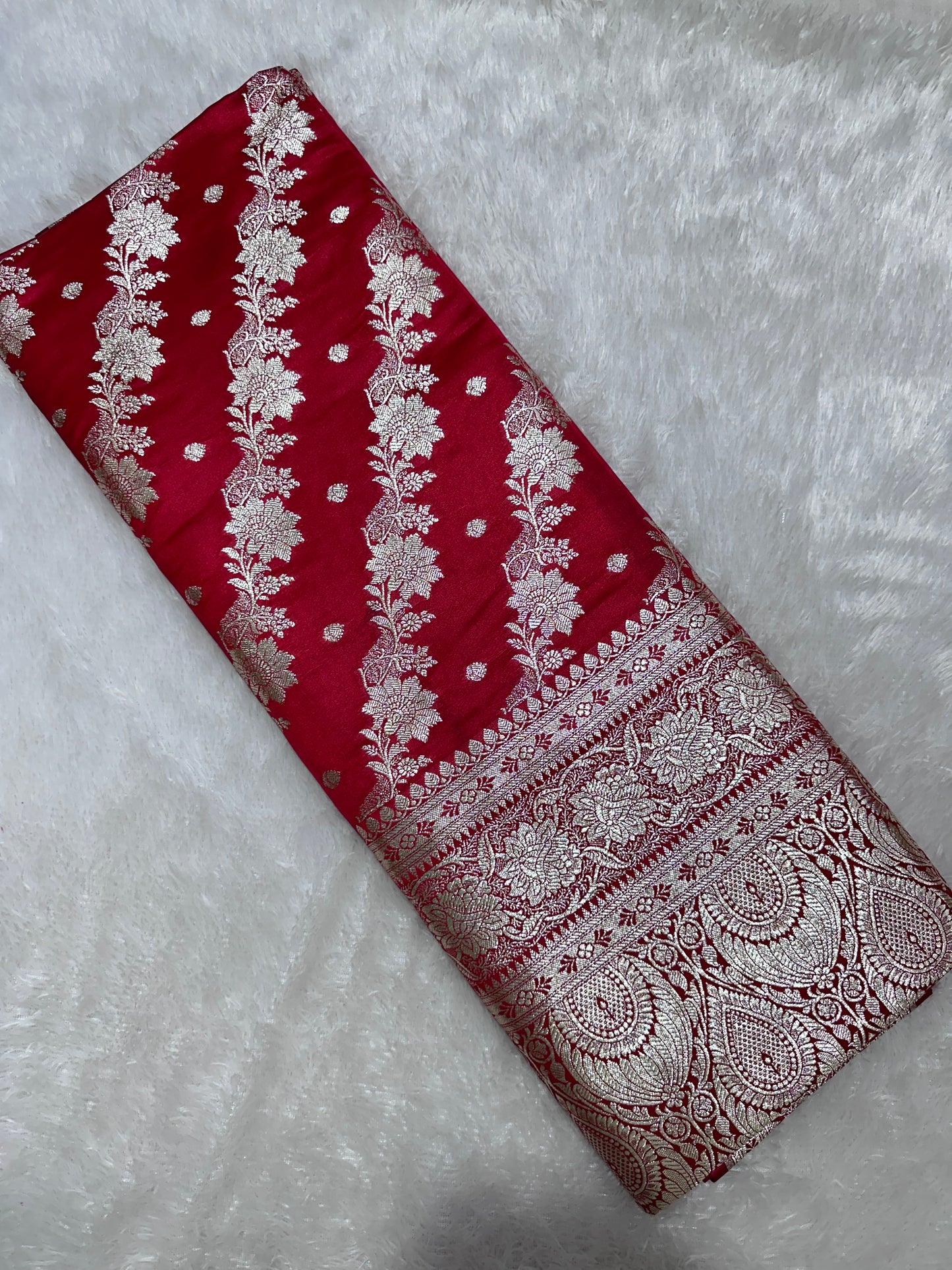 Royal Crimson Red Katan Silk Banarasi Saree with Ornate Traditional Meena Pallu and Elegant Gold Zari Border