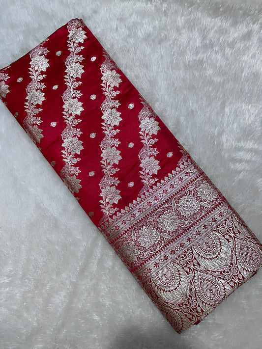 Royal Crimson Red Katan Silk Banarasi Saree with Ornate Traditional Meena Pallu and Elegant Gold Zari Border