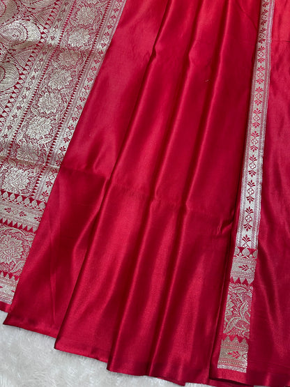 Royal Crimson Red Katan Silk Banarasi Saree with Ornate Traditional Meena Pallu and Elegant Gold Zari Border