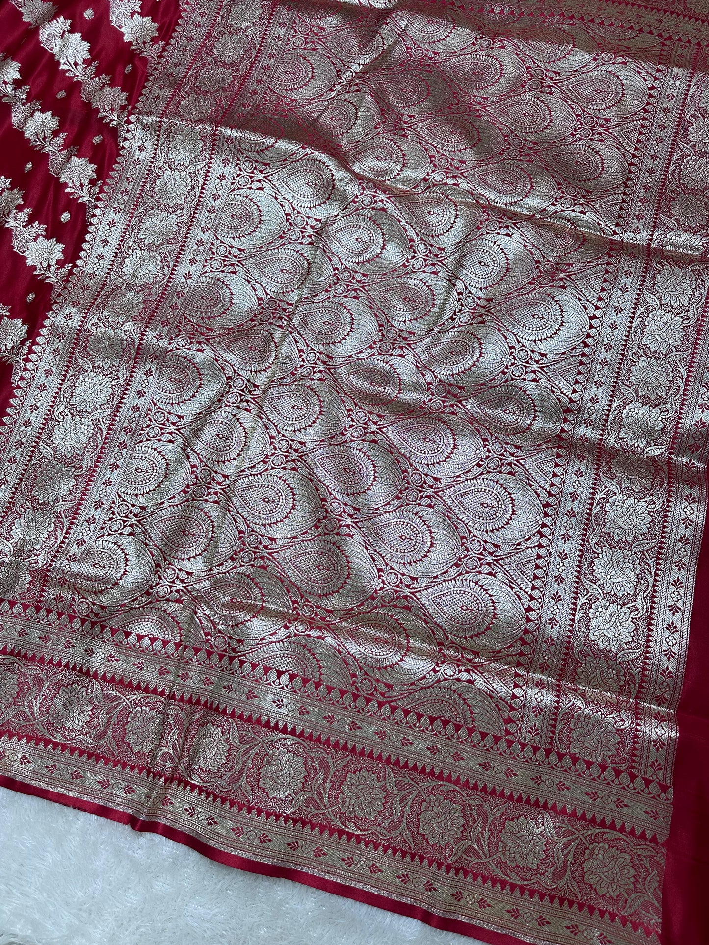 Royal Crimson Red Katan Silk Banarasi Saree with Ornate Traditional Meena Pallu and Elegant Gold Zari Border