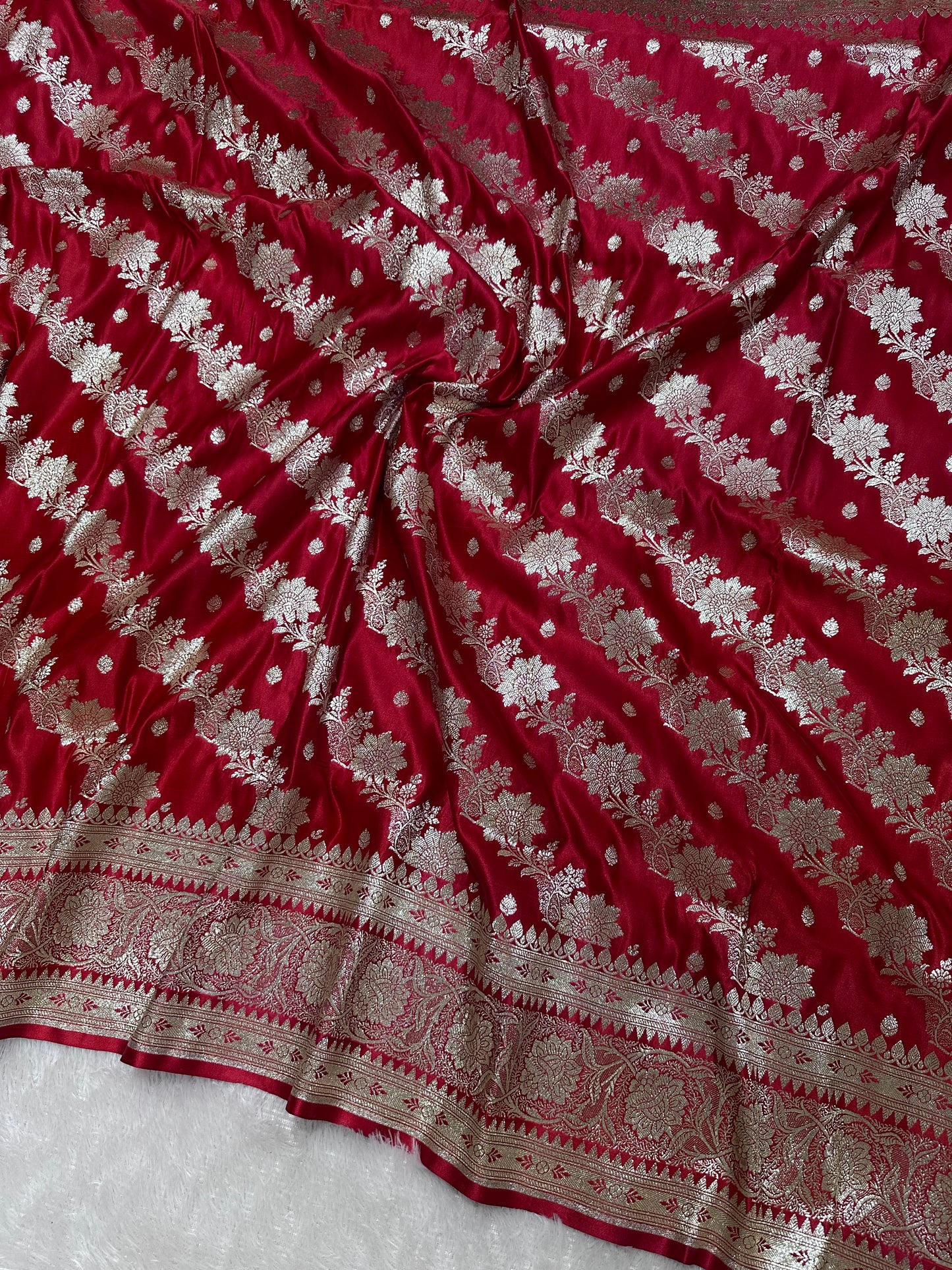 Royal Crimson Red Katan Silk Banarasi Saree with Ornate Traditional Meena Pallu and Elegant Gold Zari Border