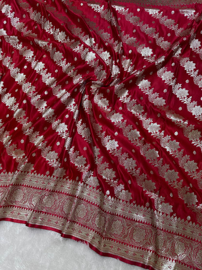 Royal Crimson Red Katan Silk Banarasi Saree with Ornate Traditional Meena Pallu and Elegant Gold Zari Border