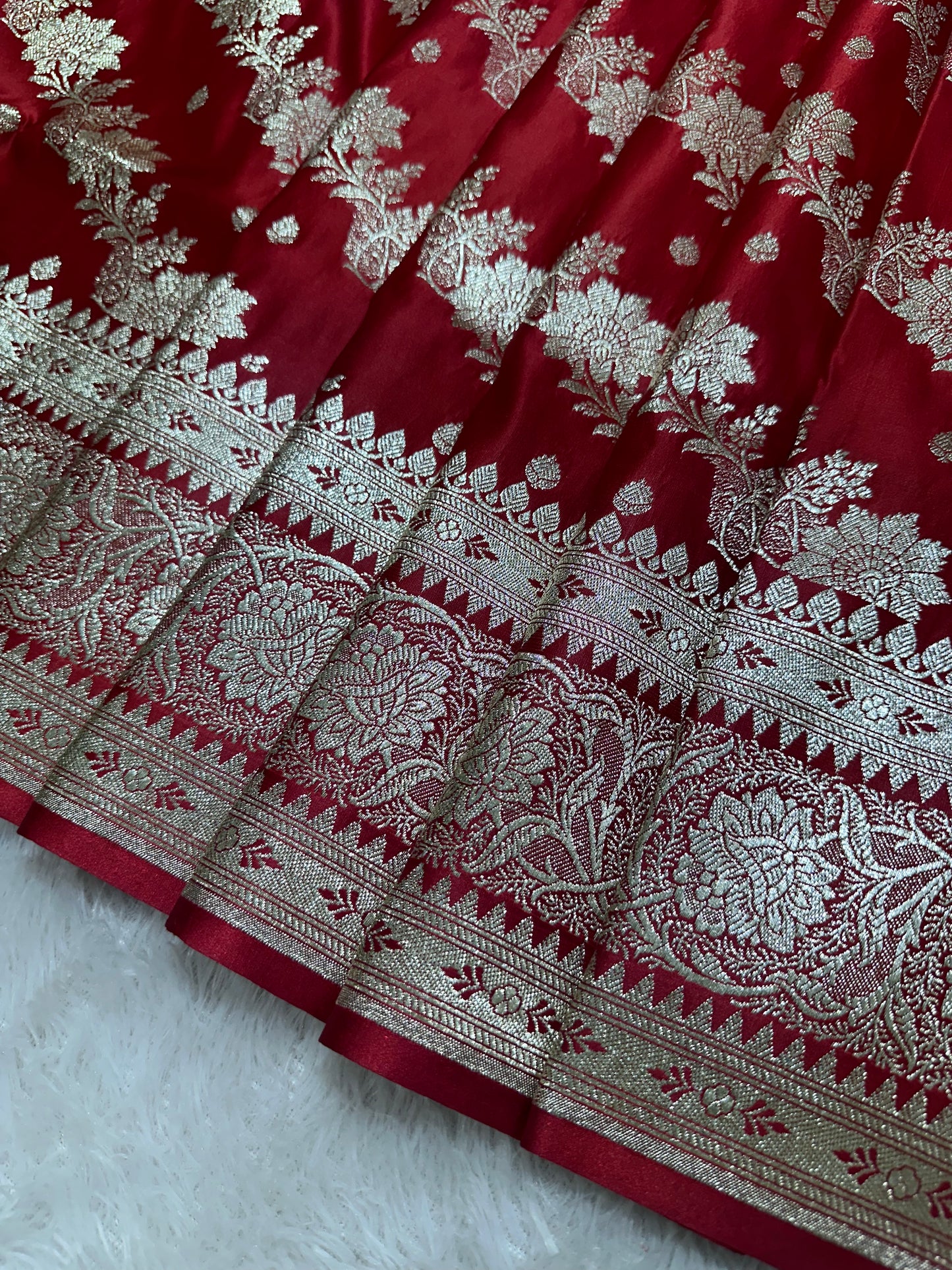Royal Crimson Red Katan Silk Banarasi Saree with Ornate Traditional Meena Pallu and Elegant Gold Zari Border