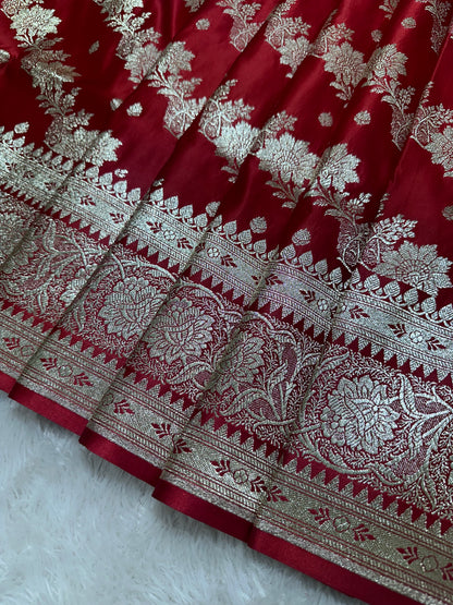 Royal Crimson Red Katan Silk Banarasi Saree with Ornate Traditional Meena Pallu and Elegant Gold Zari Border
