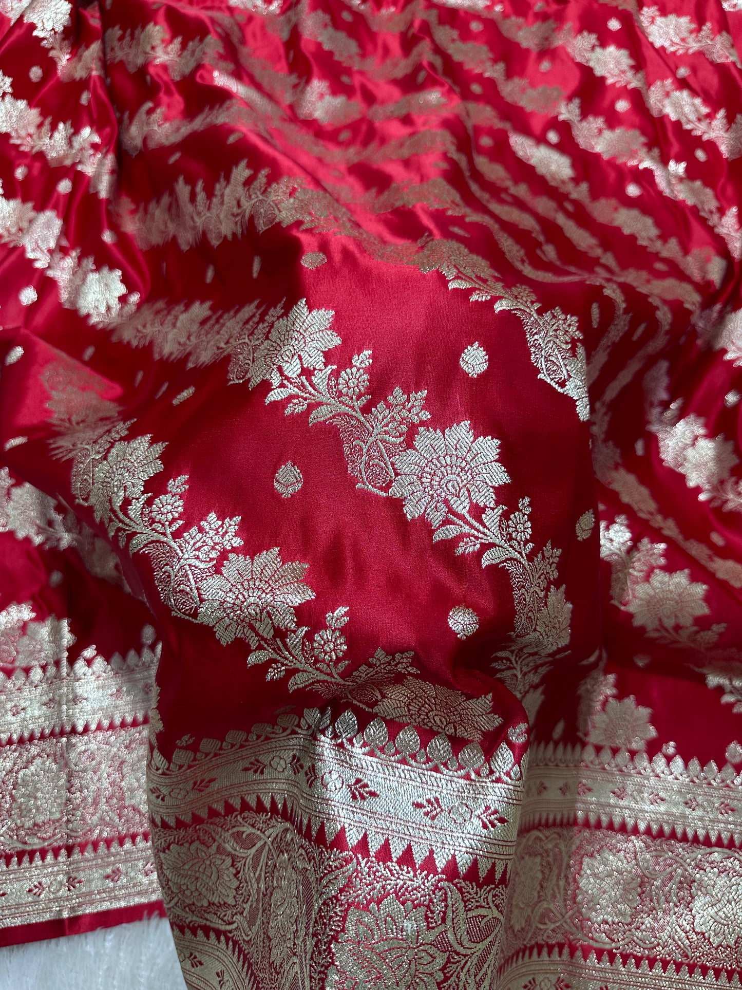 Royal Crimson Red Katan Silk Banarasi Saree with Ornate Traditional Meena Pallu and Elegant Gold Zari Border
