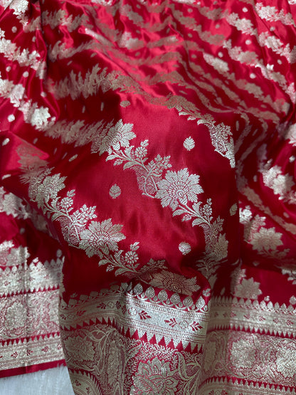 Royal Crimson Red Katan Silk Banarasi Saree with Ornate Traditional Meena Pallu and Elegant Gold Zari Border