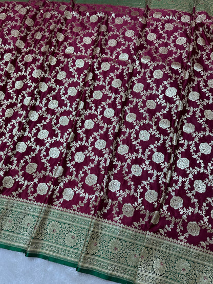 Royal Wine Plum Katan Silk Banarasi Saree with Contrasting Green Border and Full Rose-Vine Jaal Work