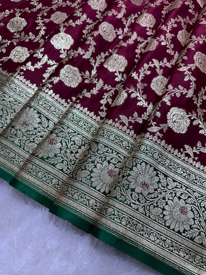 Royal Wine Plum Katan Silk Banarasi Saree with Contrasting Green Border and Full Rose-Vine Jaal Work