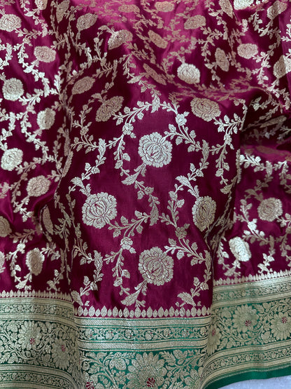Royal Wine Plum Katan Silk Banarasi Saree with Contrasting Green Border and Full Rose-Vine Jaal Work