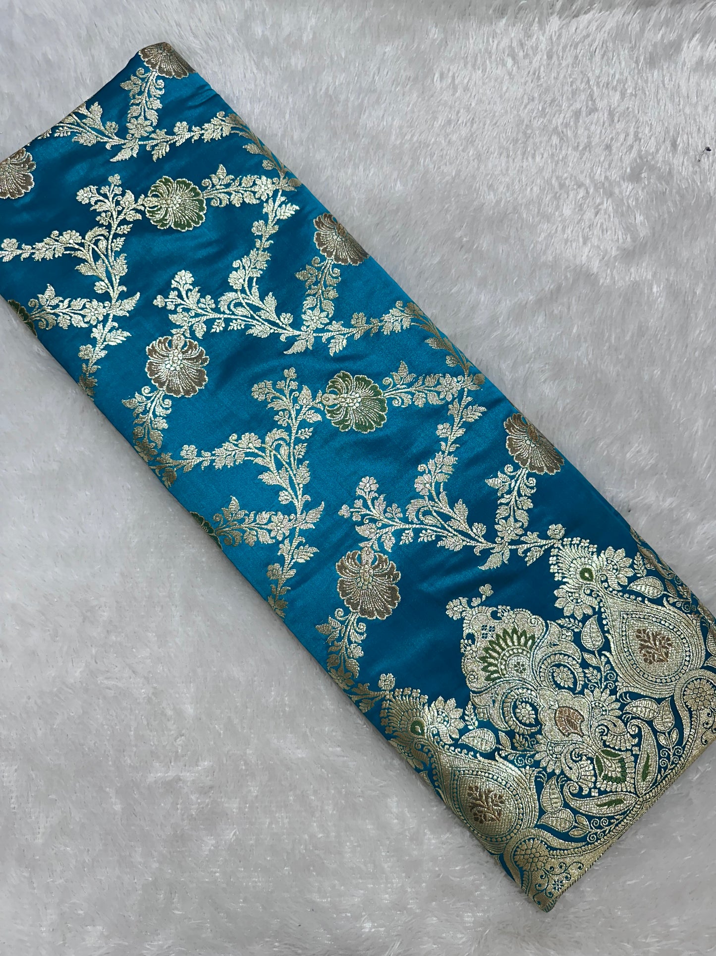 Premium Peacock Blue Katan Silk Banarasi Saree with Traditional Floral Vine Jaal and Ornate Zari Border