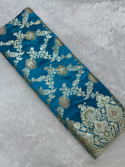 Premium Peacock Blue Katan Silk Banarasi Saree with Traditional Floral Vine Jaal and Ornate Zari Border