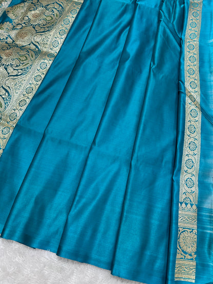 Premium Peacock Blue Katan Silk Banarasi Saree with Traditional Floral Vine Jaal and Ornate Zari Border