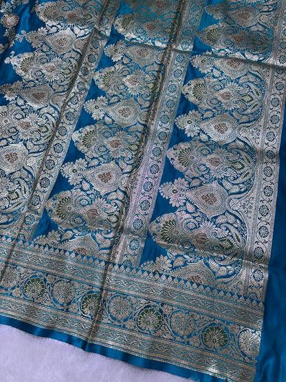 Premium Peacock Blue Katan Silk Banarasi Saree with Traditional Floral Vine Jaal and Ornate Zari Border