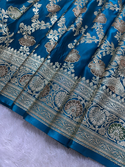 Premium Peacock Blue Katan Silk Banarasi Saree with Traditional Floral Vine Jaal and Ornate Zari Border