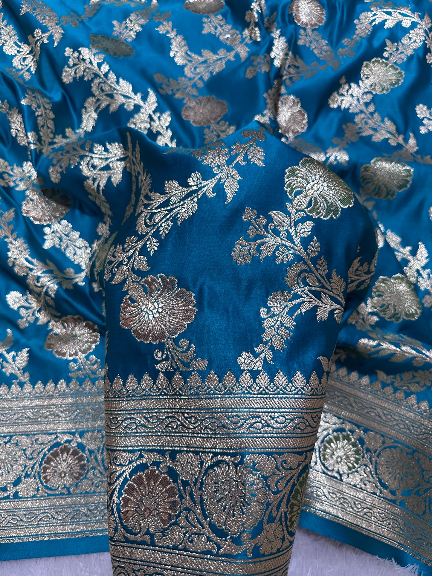 Premium Peacock Blue Katan Silk Banarasi Saree with Traditional Floral Vine Jaal and Ornate Zari Border
