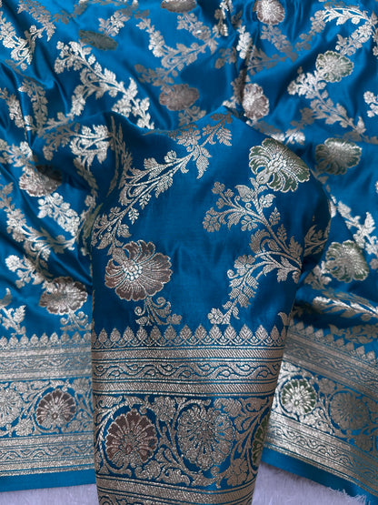 Premium Peacock Blue Katan Silk Banarasi Saree with Traditional Floral Vine Jaal and Ornate Zari Border