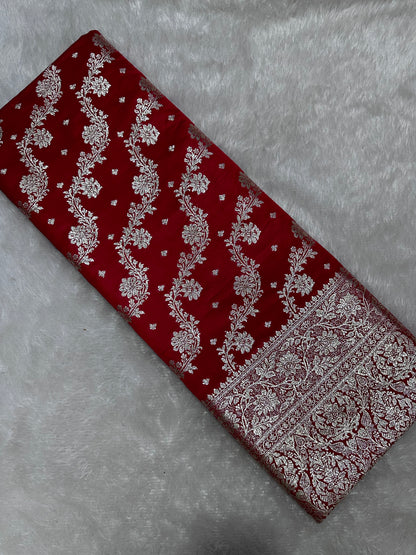 Elegant Crimson Red Katan Silk Banarasi Saree with Royal Floral Vine Pallu and Vertical Wavy Bel Work