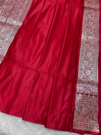 Elegant Crimson Red Katan Silk Banarasi Saree with Royal Floral Vine Pallu and Vertical Wavy Bel Work
