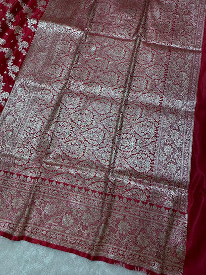 Elegant Crimson Red Katan Silk Banarasi Saree with Royal Floral Vine Pallu and Vertical Wavy Bel Work