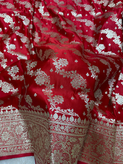 Elegant Crimson Red Katan Silk Banarasi Saree with Royal Floral Vine Pallu and Vertical Wavy Bel Work