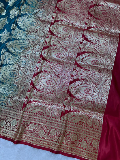 Premium Peacock Teal Green Katan Silk Banarasi Saree with Royal Heritage Pallu and Traditional Bouquet Leaf Butis