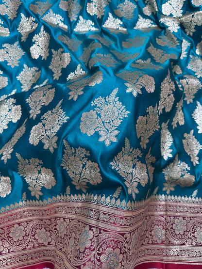 Premium Peacock Teal Green Katan Silk Banarasi Saree with Royal Heritage Pallu and Traditional Bouquet Leaf Butis