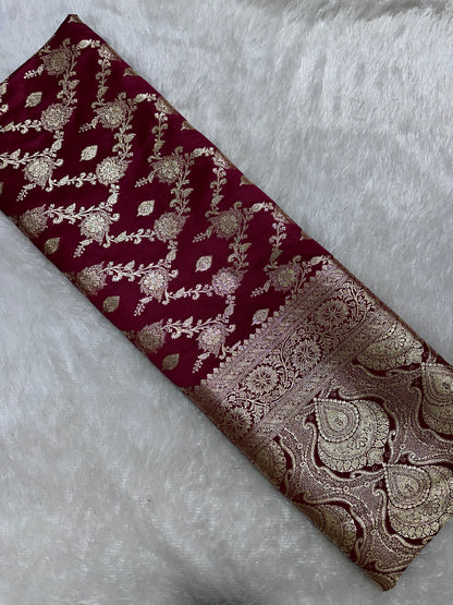 Premium Wine Plum Katan Silk Banarasi Saree with Elaborate Floral Border and Diagonal Jaal Work