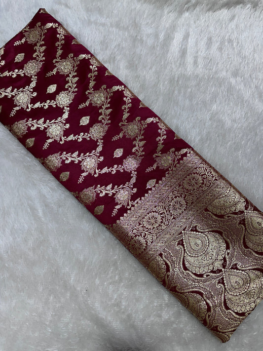 Premium Wine Plum Katan Silk Banarasi Saree with Elaborate Floral Border and Diagonal Jaal Work