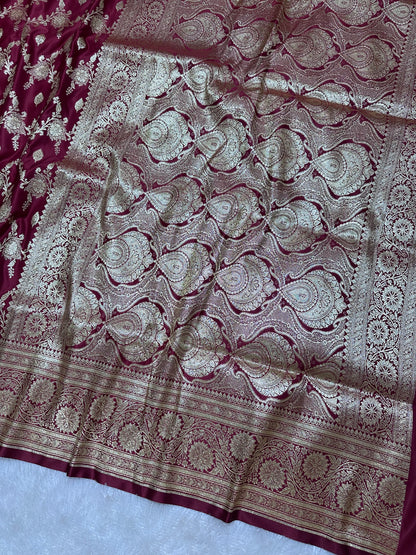 Premium Wine Plum Katan Silk Banarasi Saree with Elaborate Floral Border and Diagonal Jaal Work
