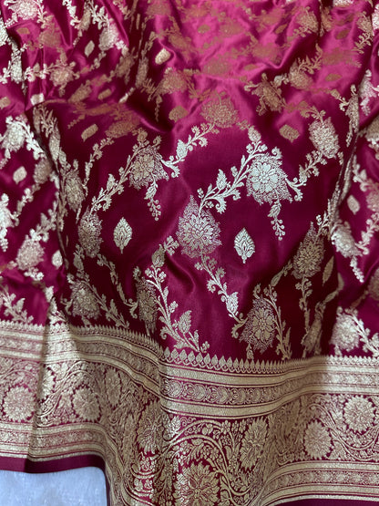 Premium Wine Plum Katan Silk Banarasi Saree with Elaborate Floral Border and Diagonal Jaal Work