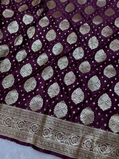 Premium Royal Wine Katan Silk Banarasi Saree with Elaborate Kalka Border and Traditional Paisa Butis