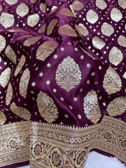 Premium Royal Wine Katan Silk Banarasi Saree with Elaborate Kalka Border and Traditional Paisa Butis